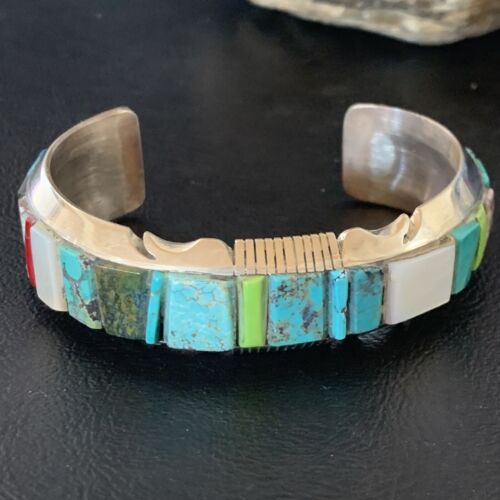 Men's Navajo Turquoise Spiny Coral Inlay Bracelet | Sterling Silver | Authentic Native American Handmade | 12693