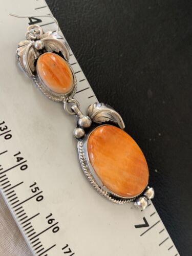 Navajo Orange Spiny Oyster Dangle Earrings | Sterling Silver | Authentic Native American Handmade | 12200 - Masha USA
