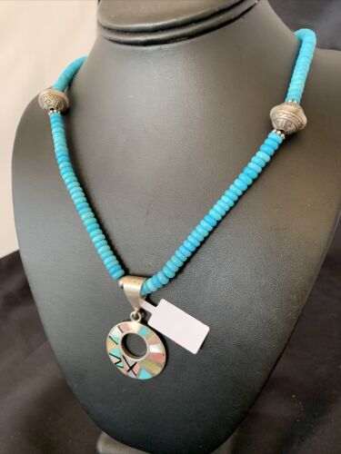 Blue Turquoise & Mother of Pearl Inlay Pendant | Sterling Silver Necklace | Navajo | 8904 - Masha USA