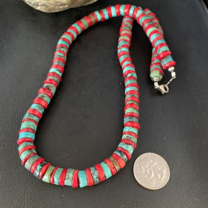 Southwestern Men's Heishi Turquoise Coral Necklace | Sterling Silver | Authentic Native American Handmade | 23" | 13927
