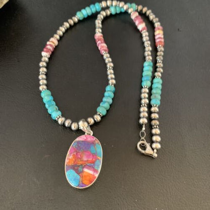 Navajo Pearls Sterling Silver Necklace with Turquoise and Purple Spiny Oyster Pendant | 13153