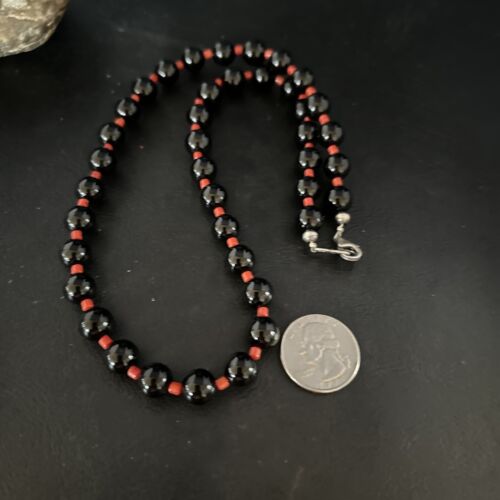 Men's Navajo Bamboo Coral Black Onyx Necklace | Sterling Silver | 20" | Authentic Native American Handmade | 14365