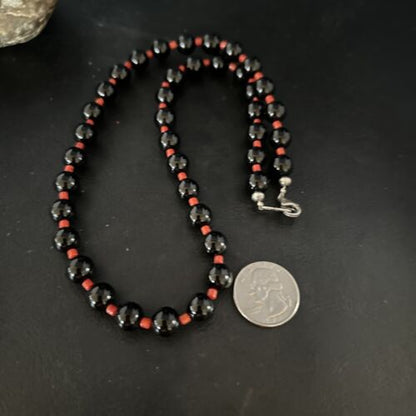 Men's Navajo Bamboo Coral Black Onyx Necklace | Sterling Silver | 20" | Authentic Native American Handmade | 14365