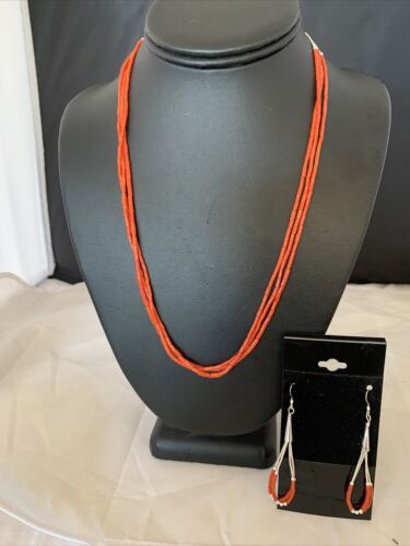 Navajo Natural Red Coral Heishi 3-Strand Necklace & Earrings Set | Sterling Silver | 20" | Authentic Native American Jewelry | 1218