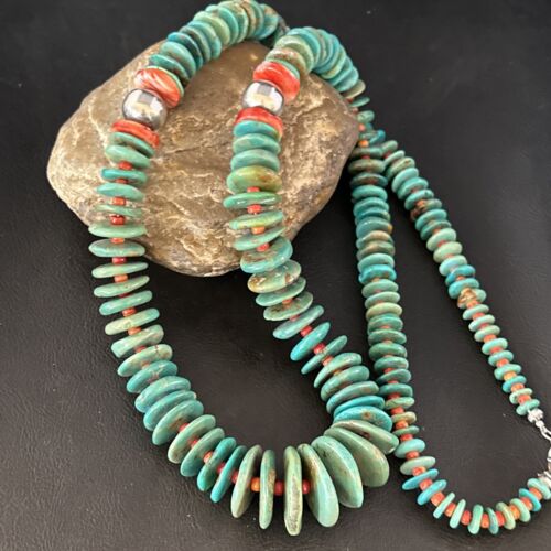 Navajo Turquoise & Red Spiny Oyster Necklace | Sterling Silver | Authentic Native American | 32" | 14360