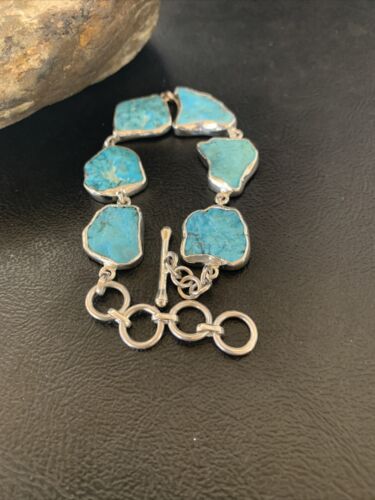 Navajo Blue Kingman Turquoise Rough Link Bracelet | Sterling Silver | 8" | 11651