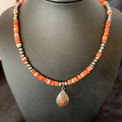 Navajo Pearl Necklace with Red Apple Coral & Spiny Oyster Pendant | Sterling Silver | 12373