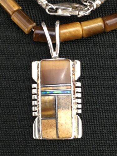 Authentic Native American Tigers Eye Inlay Pendant | Navajo Sterling Silver Necklace | 21" | 4895