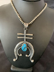 Navajo Kingman Turquoise Naja Pendant | Sterling Silver | Authentic Native American Handmade | 11518