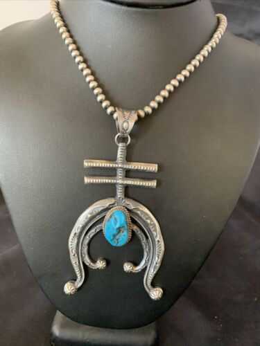 Navajo Kingman Turquoise Naja Pendant | Sterling Silver | Authentic Native American Handmade | 11518