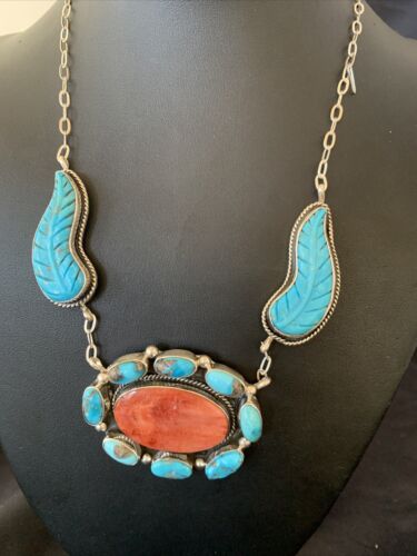 Navajo Red Spiny Oyster & Blue Turquoise Necklace | Sterling Silver | 21" | Authentic Native American Handmade | 2112
