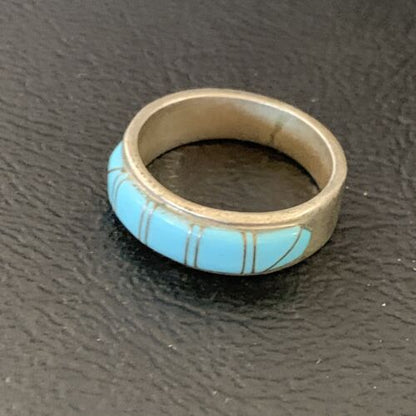 Native American Navajo Blue Turquoise Inlay Band Ring | Sz 6 | Sterling Silver | 12393