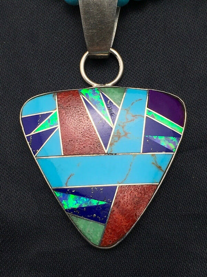 Authentic Native American Sterling Silver Necklace | Blue Turquoise Multicolor Pendant | Navajo Handmade | 21" | 4277