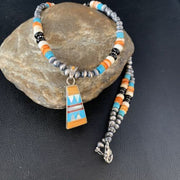 Navajo Multi-Color Turquoise Onyx Inlay Pendant Necklace | Sterling Silver | Authentic Native American Handmade | 13806