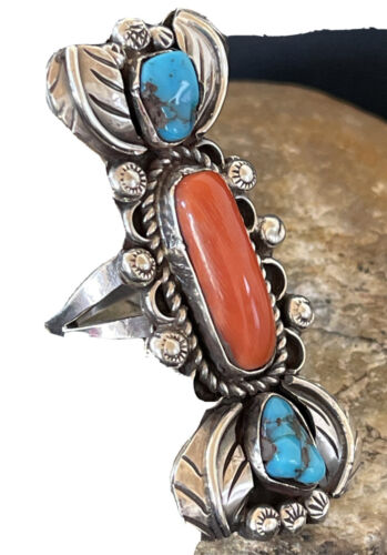 Native Navajo Sterling Silver Kingman Turquoise & Coral Ring Sz 10 1292