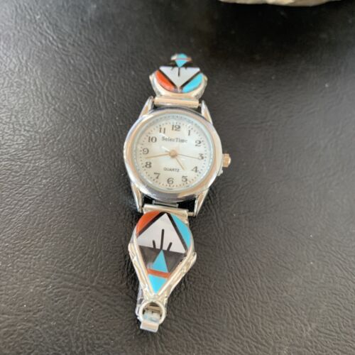 Authentic Native American Zuni Sterling Silver Watch Tips | Onyx, Coral, Turquoise Inlay | Women's | 11577