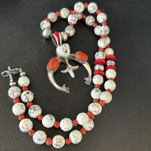 Navajo White Buffalo Turquoise Coral Naja Pendant Necklace | Sterling Silver | 22" | 14690