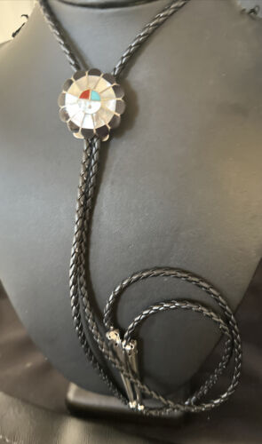 Men's Bolo Tie | Zuni Sunface Mother of Pearl Coral Turquoise Inlay | Sterling Silver | 14754