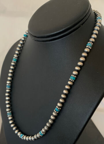 Authentic Native American Navajo Pearls Blue Turquoise Necklace | Sterling Silver Beads | Single Strand | 19" | 227