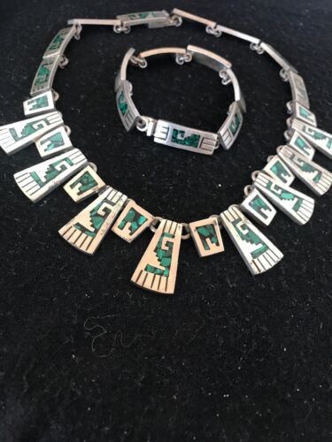 Navajo Old Pawn Sterling Silver Necklace Bracelet Set | Chip Inlay Turquoise | Authentic Native American Jewelry | 11857