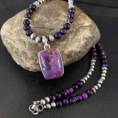 Navajo Pearl Purple Mojave Turquoise Onyx Pendant Necklace | Sterling Silver | Native American Handmade | 13401