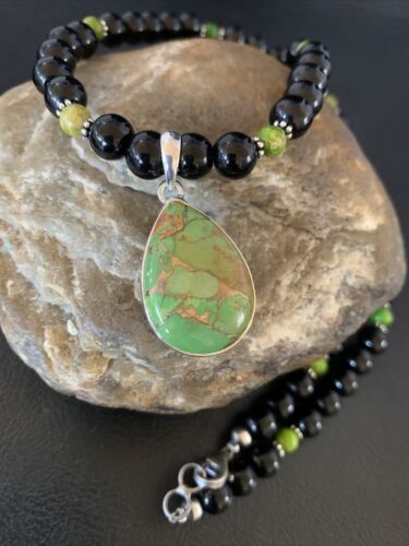 Navajo Pearls Onyx Mojave Turquoise Necklace Pendant | Sterling Silver | Authentic Native American Handmade | 13252
