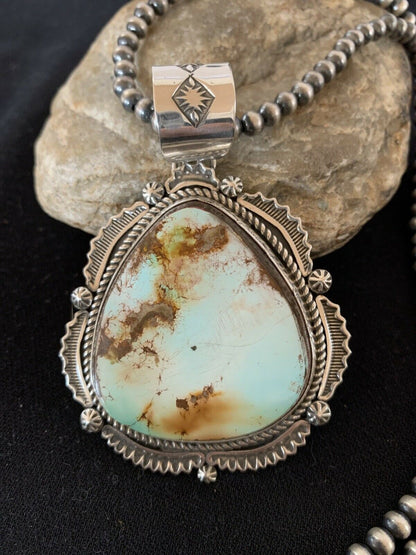 Navajo Pearls Necklace with Blue Royston Turquoise Pendant | Sterling Silver | Authentic Native American Handmade | 336