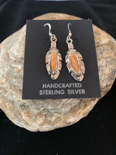 Navajo Orange Spiny Oyster Feather Earrings Set | Sterling Silver | Authentic Native American Handmade | 2741