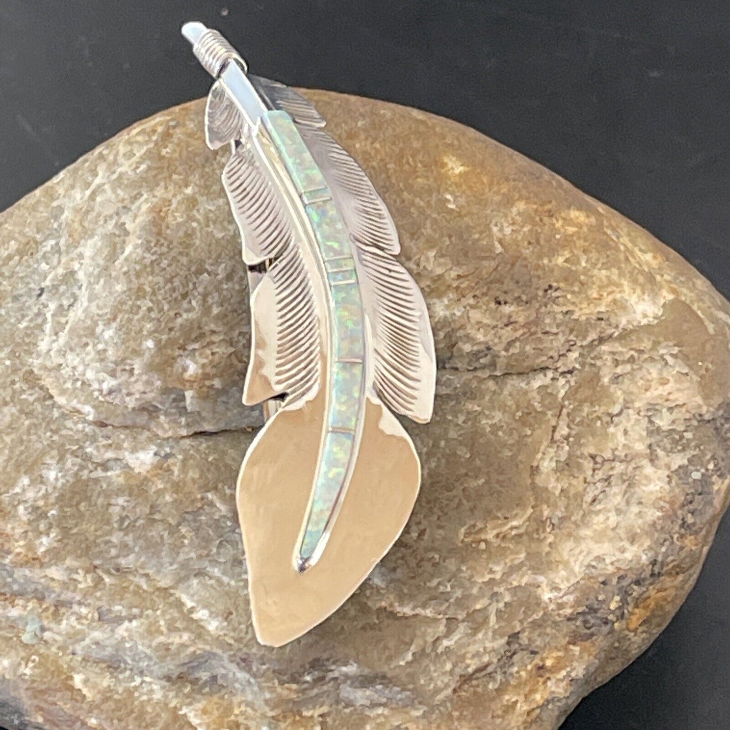 Women's Navajo Sterling Silver Feather Barrette | White Opal Inlay | Handmade | 4" | 2079