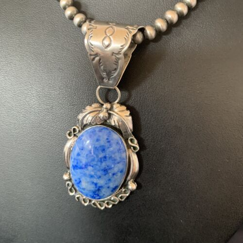 Navajo Denim Lapis Necklace Pendant | Sterling Silver Pearls | Authentic Native American Handmade | 12436