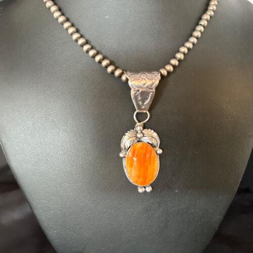 Navajo Orange Spiny Oyster Pendant Necklace | Sterling Silver | Authentic Native American Handmade | 14685