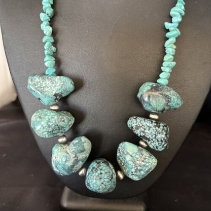 Navajo Chunky Blue Turquoise Nugget Necklace | Sterling Silver | Authentic Native American Handmade | 20" | 14417