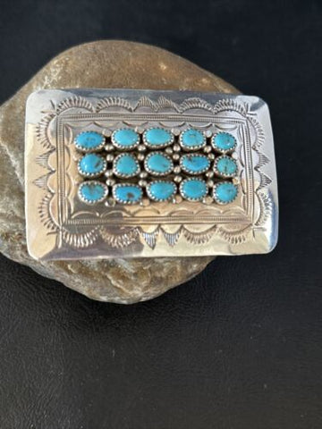 USA Stamped Navajo Blue Kingman Turquoise Sterling BELT Buckle Concho 14795