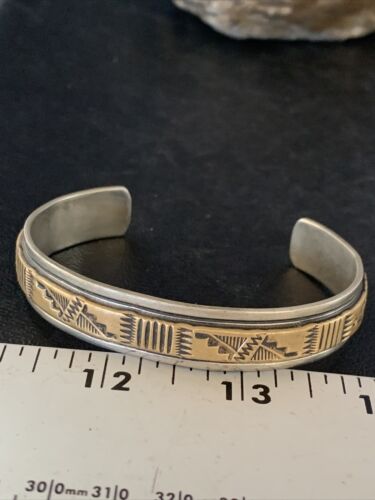 Men's Navajo Handmade Stamped Sterling Silver Cuff Bracelet with 12K Gold | Authentic Native American | 13676