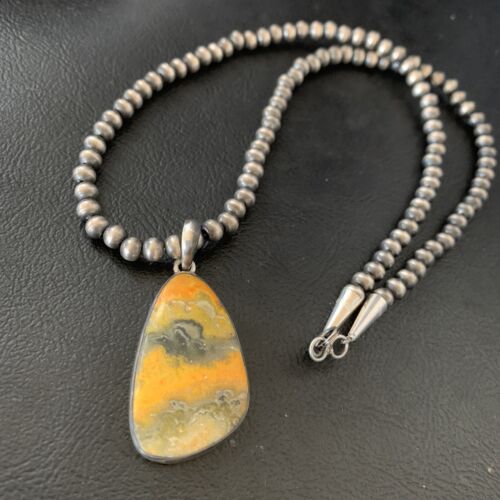 Navajo Yellow Bumblebee Jasper Pendant | Sterling Silver Necklace | Authentic Native American Handmade | 12811