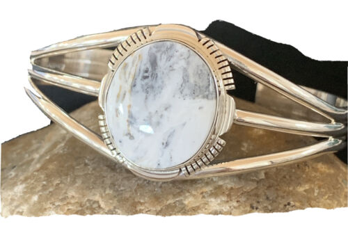 Navajo White Buffalo Turquoise Cuff Bracelet | Sterling Silver | Authentic Native American Handmade | 1390