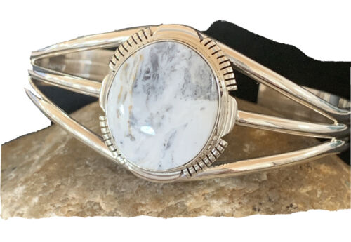 US Navajo White Buffalo Turquoise Sterling Silver Cuff Bracelet Yazzie1390