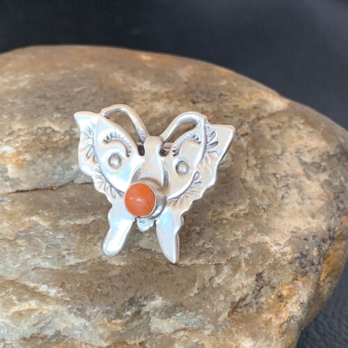 Navajo Orange Spiny Oyster Butterfly Ring | Sterling Silver | Sz Adj 8 | Authentic Native American Handmade | 10351