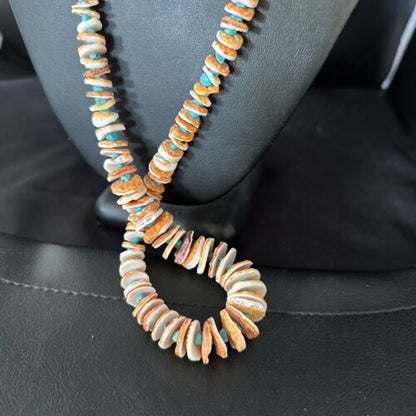 Navajo Sterling Silver Blue Turquoise & Spiny Oyster Graduated Necklace | Authentic Native American | 28" | 14729