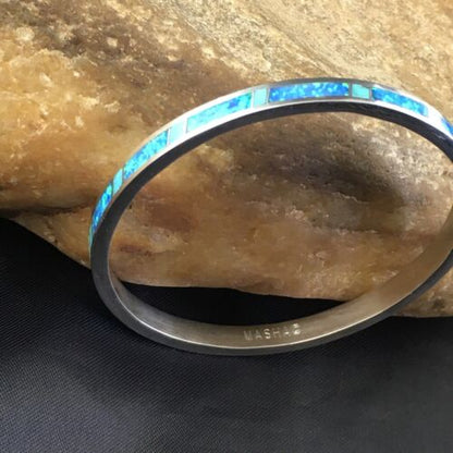 Navajo Blue Opal Inlay Bracelet | Sterling Silver | 8"  Bangle | Authentic Native American Handmade | 10195