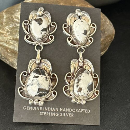 Navajo White Buffalo Turquoise Dangle Earrings | Sterling Silver | 2.5" | Authentic Native American Handmade | 14738