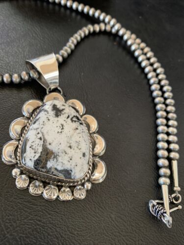 Navajo White Buffalo Turquoise Pendant | Sterling Silver | Authentic Native American Handmade | 11686