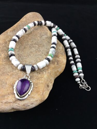 Navajo Purple Sugilite Turquoise Bead Necklace | Sterling Silver | 22" | Authentic Native American Handmade | 10035