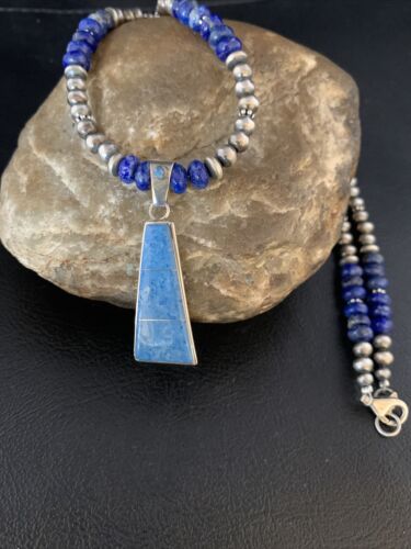 Navajo Blue Denim Lapis Necklace with Inlay Pendant | Sterling Silver | Authentic Native American Handmade | 13491