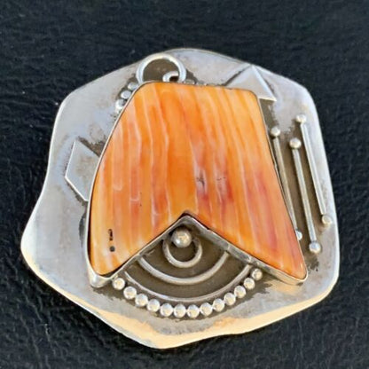 Southwestern Navajo Handmade Pin | Sterling Silver | Orange Spiny Oyster | Authentic Native American | 13716