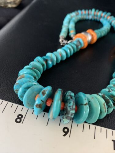 Navajo Natural Turquoise & Spiny Oyster Necklace | Sterling Silver | Authentic Native American | 25" | 13493