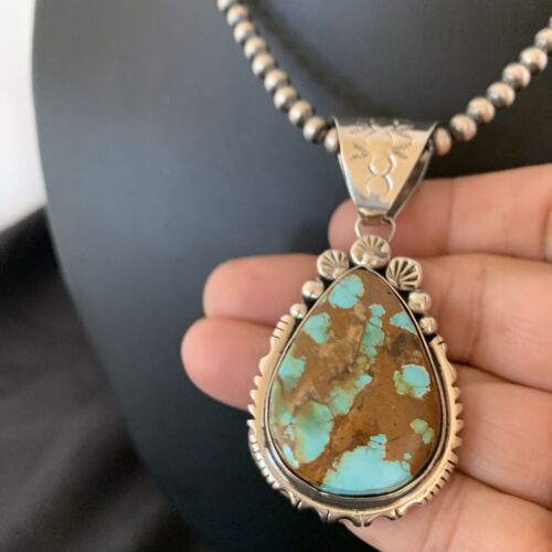 Navajo Pearls Necklace with Blue Royston Turquoise Pendant | Sterling Silver | Native American Handmade | 10764