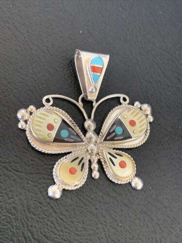 Zuni Blue Turquoise Coral Mother of Pearl Butterfly Inlay Pendant Necklace | Sterling Silver | 11969