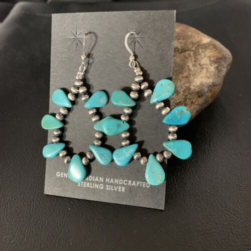Navajo Blue Cluster Turquoise Bead Earrings | Sterling Silver | Authentic Native American Handmade | 13328