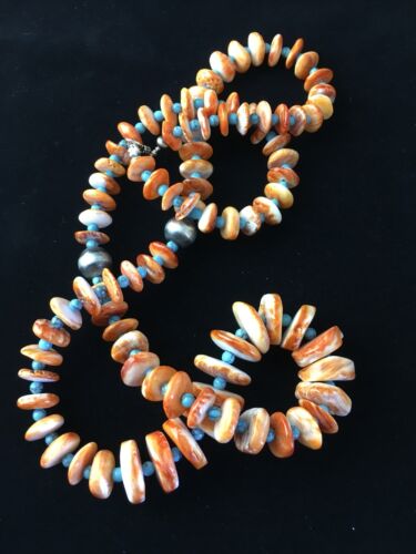 Navajo Orange Spiny Oyster & Turquoise Graduated Necklace | Sterling Silver | Authentic Native American | 30" | 1771